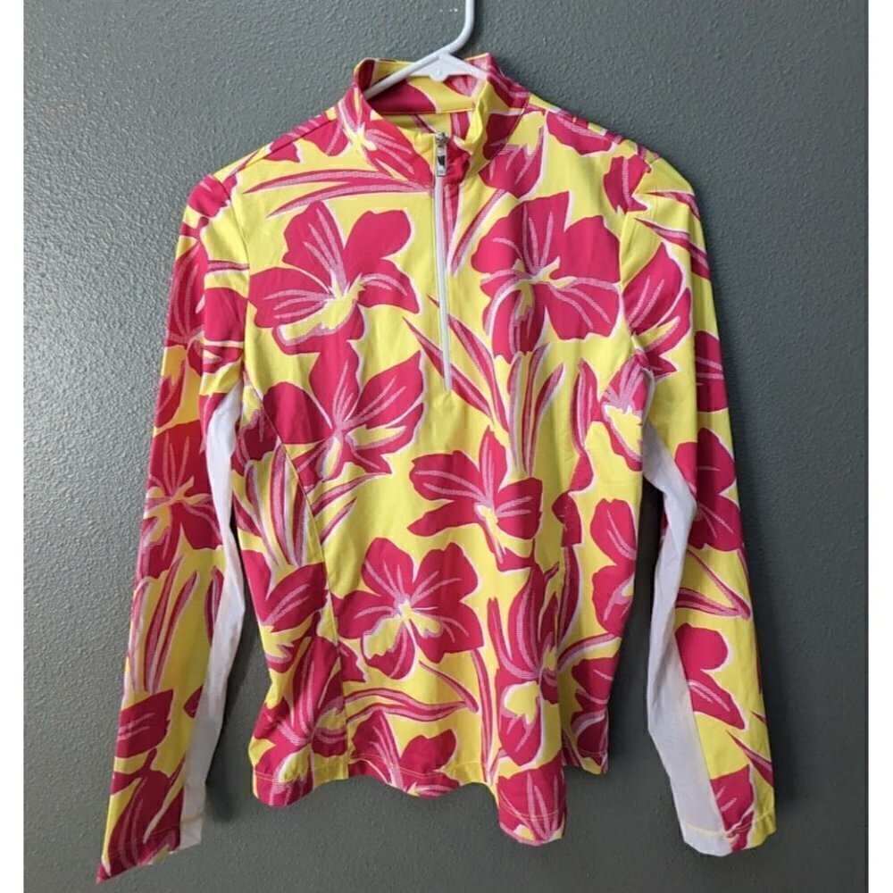 Tail Ani Polo Yellow/Pink Mahalo Blooms Floral 1/4 Zip Long Sleeve Size XS